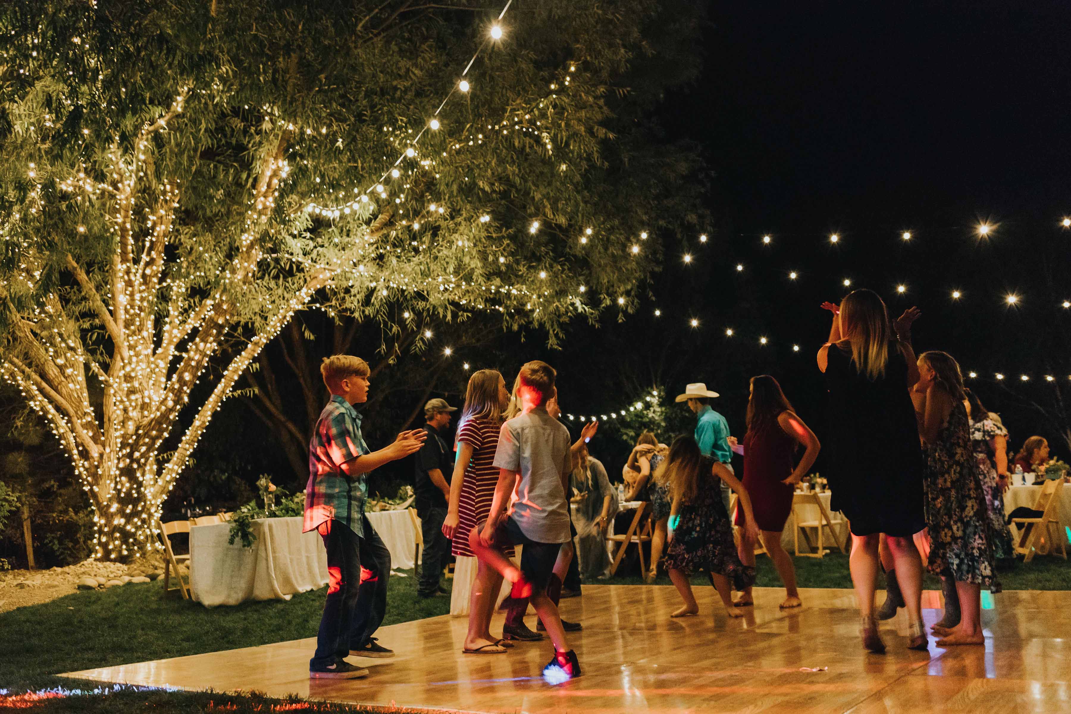 Night time wedding reception outdoors in Nampa, Idaho