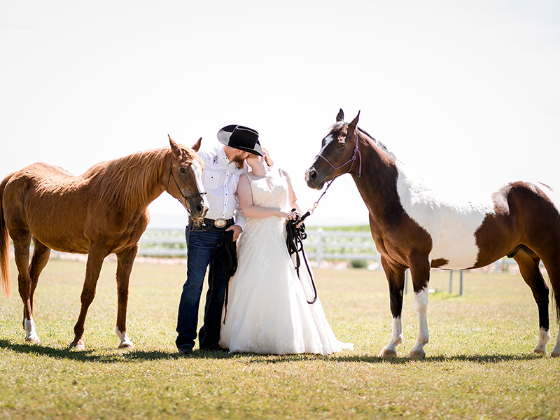 Country wedding photo with bride, groom and horse